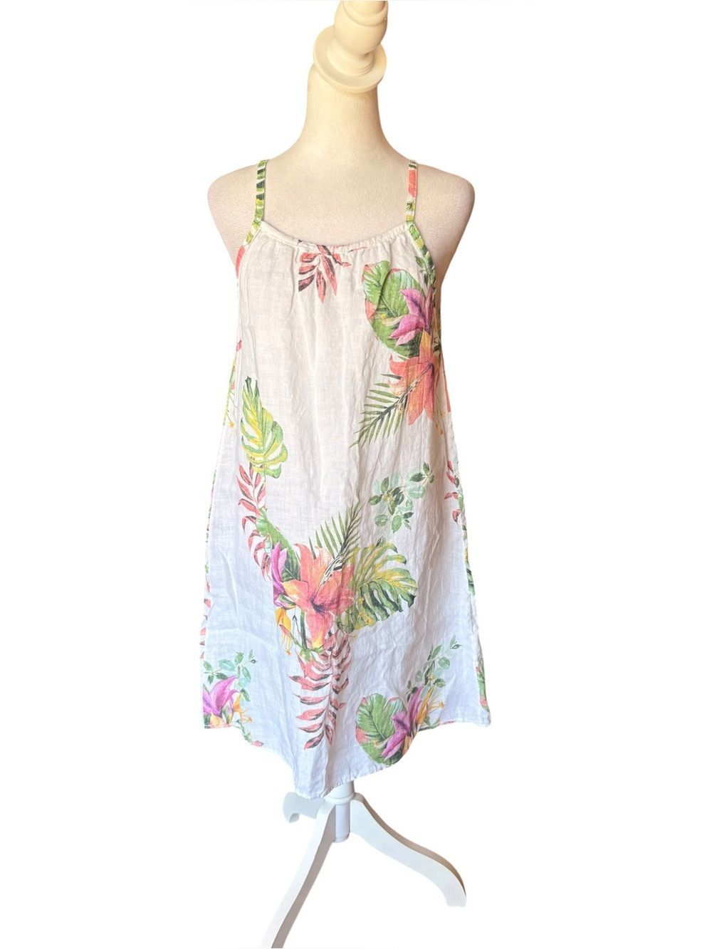Lungo LArno Pure Linen Floral Dress Or Beach Coverup Womens Size Med White Pink